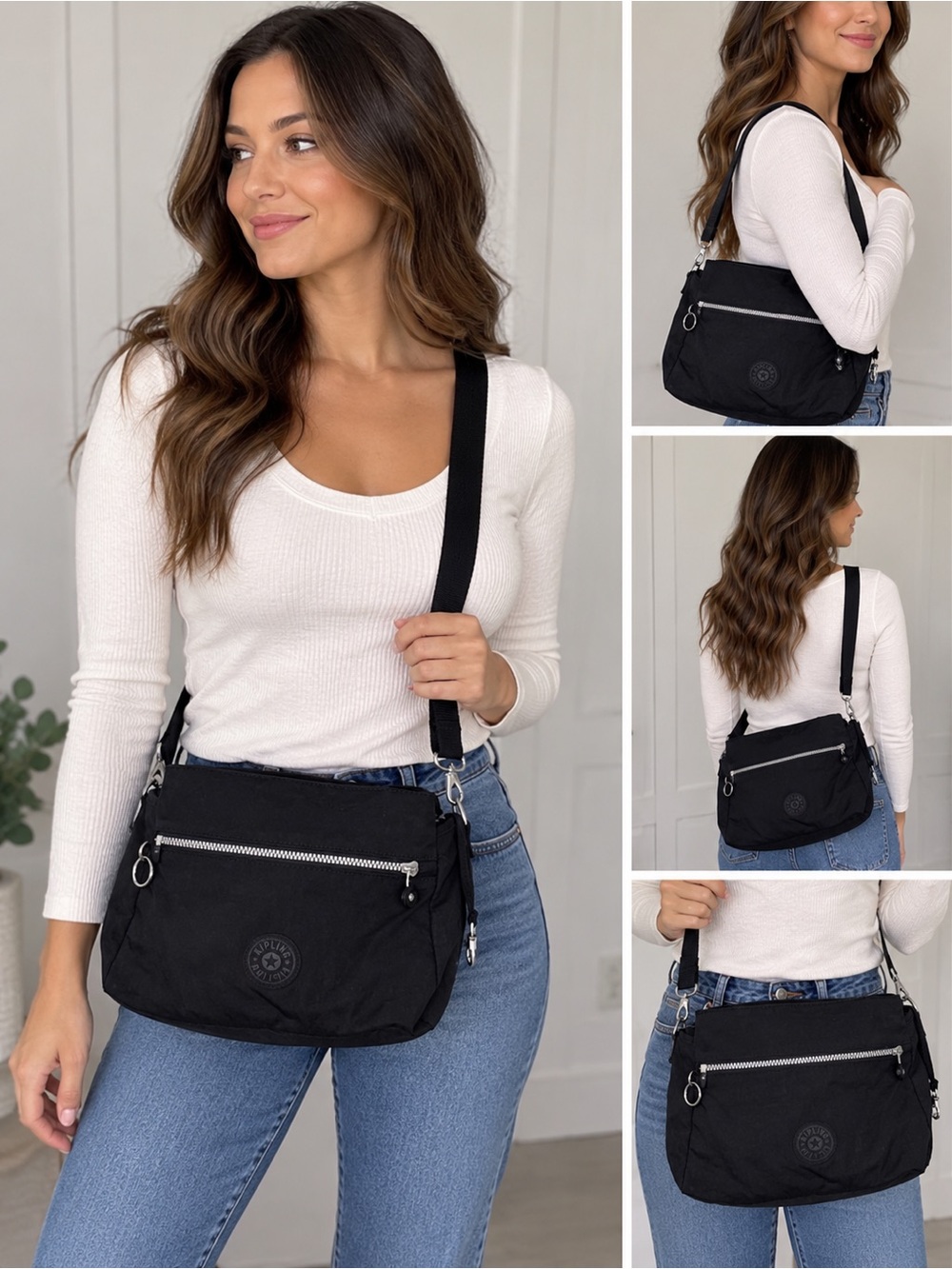 Kipling Black Nylon Crossbody Shoulder Bag Adjustable Strap Silver Hardware Flaw